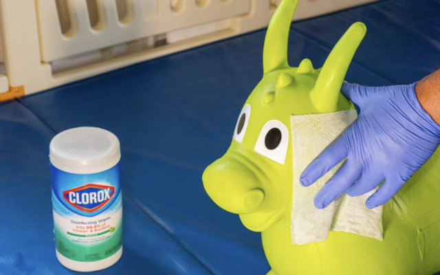 A person disinfects a green inflatable toy dinosaur with a Clorox wipe.